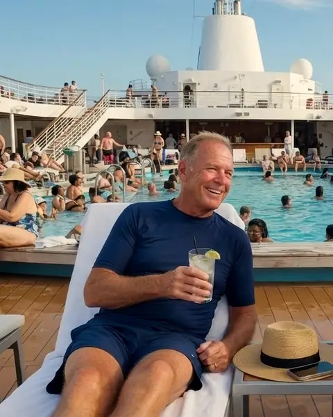 A man on a pool deck lounger with a cold drink and a straw hat beside him