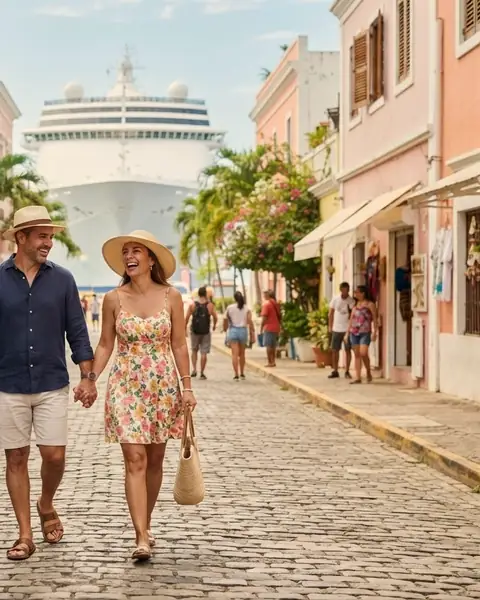 A couple in sun hats strolling a colorful port street with a cruise ship behind them