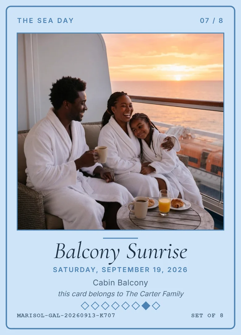 A family in white robes on their balcony at sunrise, on a baby blue keepsake card