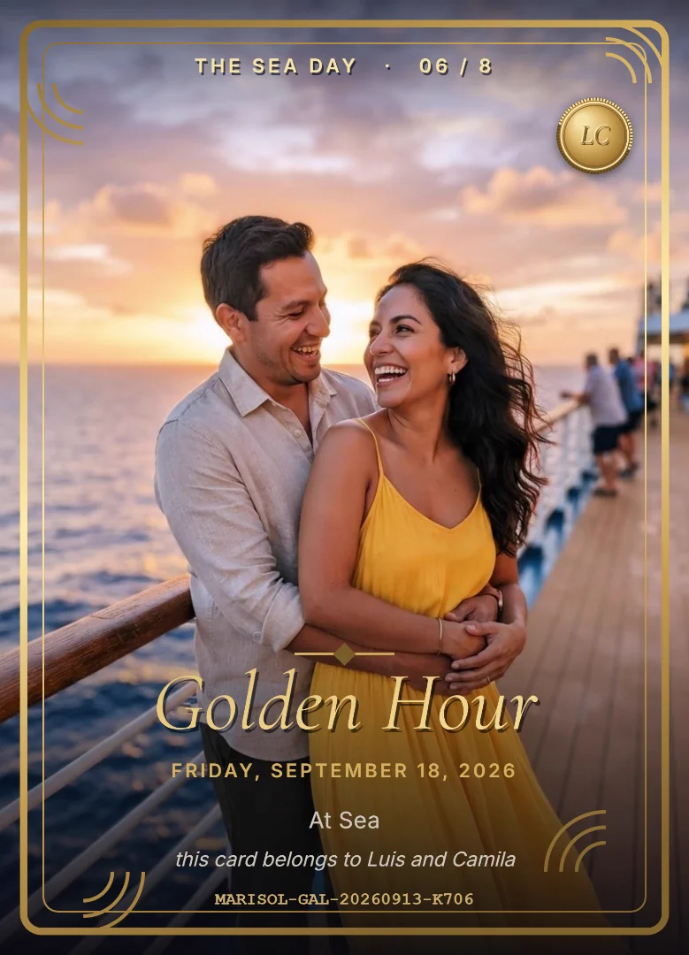 A couple laughing at sunset on deck, on a full-bleed cruise keepsake card