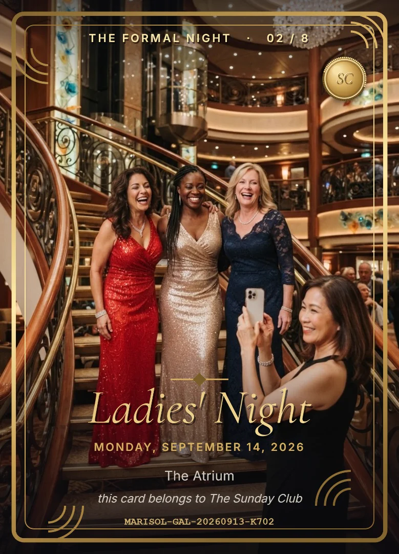 Four friends in evening gowns laughing on the atrium staircase, on a full-bleed keepsake card